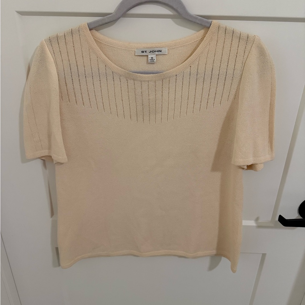 St. John Collection Cream Knit Short Sleeve Top Ribbed Yoke Size M USA Made